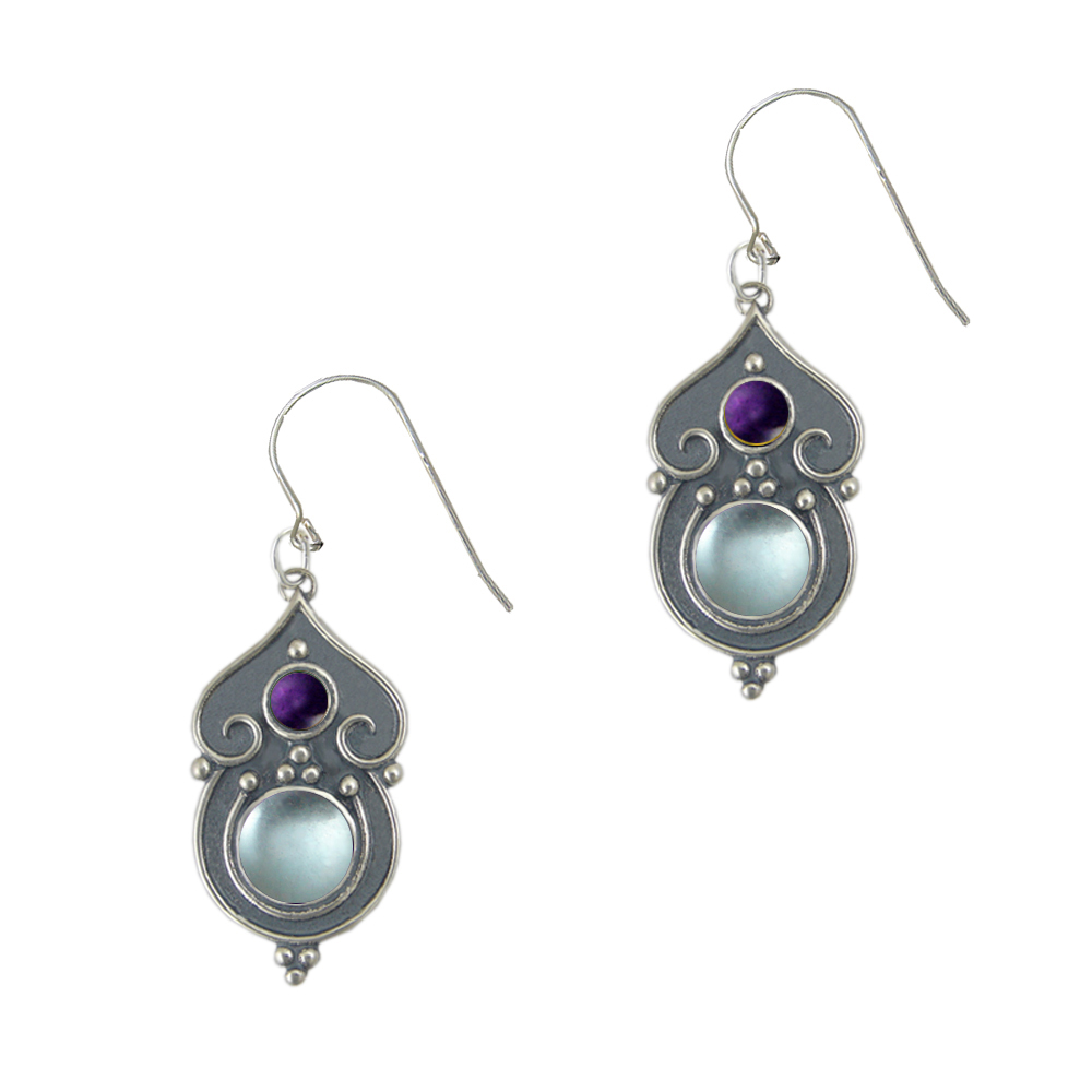 Sterling Silver Gothic Inspired Drop Dangle Earrings With Blue Topaz And Amethyst